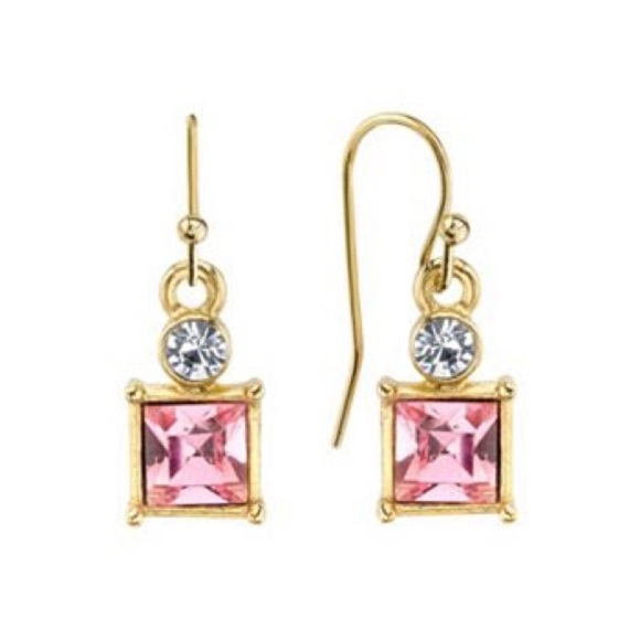 1928 Gold Tone with Pink Faceted Square Drop Earrings with Crystal NWOT - Picture 1 of 1